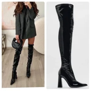 Zara Black Over the Kneee Boots Block Heel Faux Patent Leather Pointed Sz 39 / 8