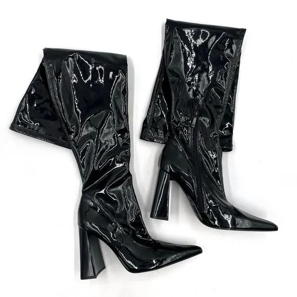 Zara Black Over the Kneee Boots Block Heel Faux Patent Leather Pointed Sz 39 / 8