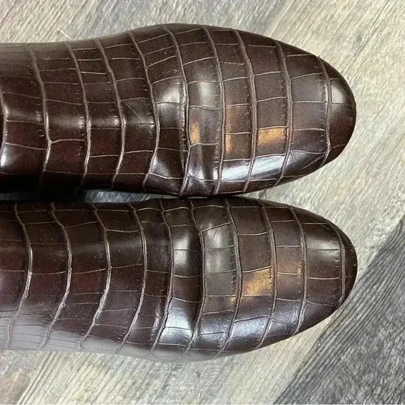 Zara Embossed Square Heel Brown Boots Size 7.5 EU 38 Faux Croc Blogger Fav