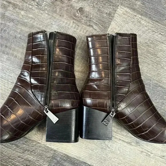 Zara Embossed Square Heel Brown Boots Size 7.5 EU 38 Faux Croc Blogger Fav
