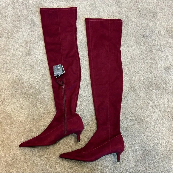 Zara faux Suede Burgundy Red Over Knee High Kitten Heel Pointed boots 6.5 NWT