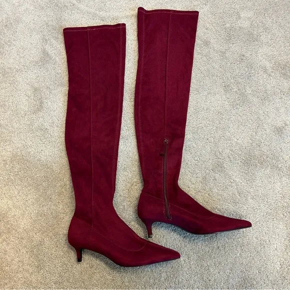 Zara faux Suede Burgundy Red Over Knee High Kitten Heel Pointed boots 6.5 NWT