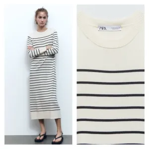 ZARA Ivory Black Stripe Long Sleeve Knit Midi Sweater Dress XL NWT Blogger
