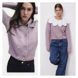 ZARA Lilac Lavender Rhinestone Button Front Sweater, Size Medium