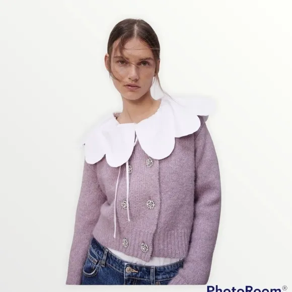 ZARA Lilac Lavender Rhinestone Button Front Sweater, Size Medium