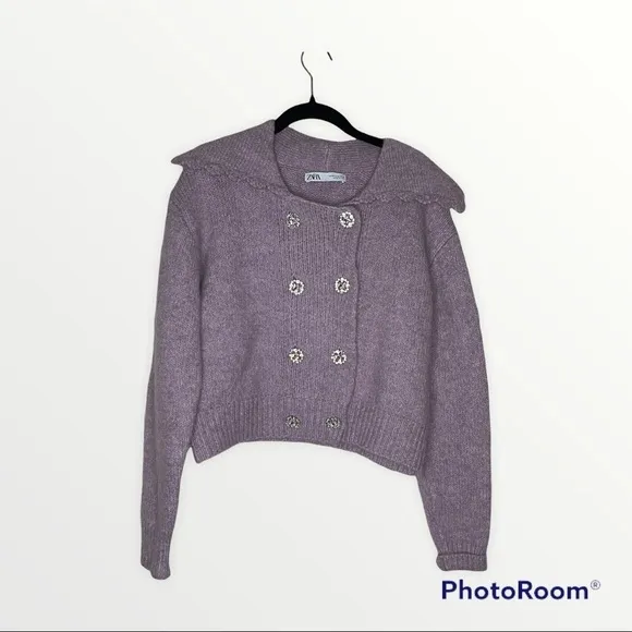 ZARA Lilac Lavender Rhinestone Button Front Sweater, Size Medium