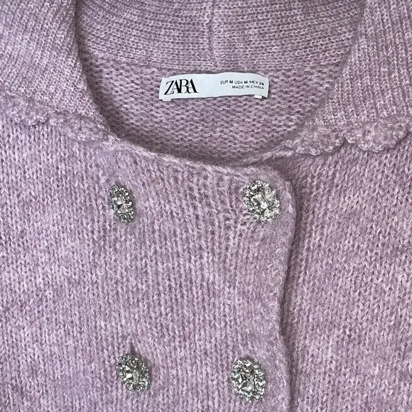 ZARA Lilac Lavender Rhinestone Button Front Sweater, Size Medium
