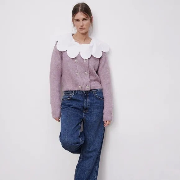 ZARA Lilac Lavender Rhinestone Button Front Sweater, Size Medium