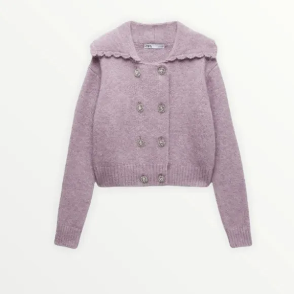 ZARA Lilac Lavender Rhinestone Button Front Sweater, Size Medium