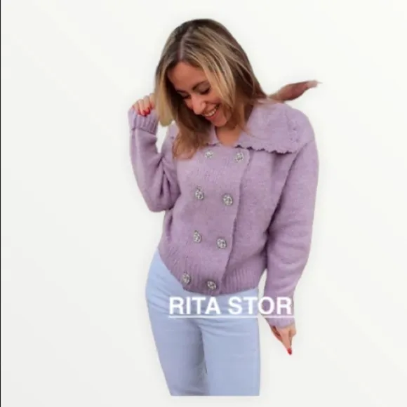 ZARA Lilac Lavender Rhinestone Button Front Sweater, Size Medium