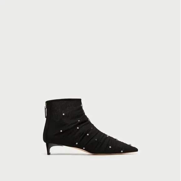 Zara Tulle Pearl Ankle Boot Kitten Heel 37 6.5