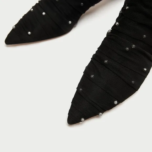 Zara Tulle Pearl Ankle Boot Kitten Heel 37 6.5