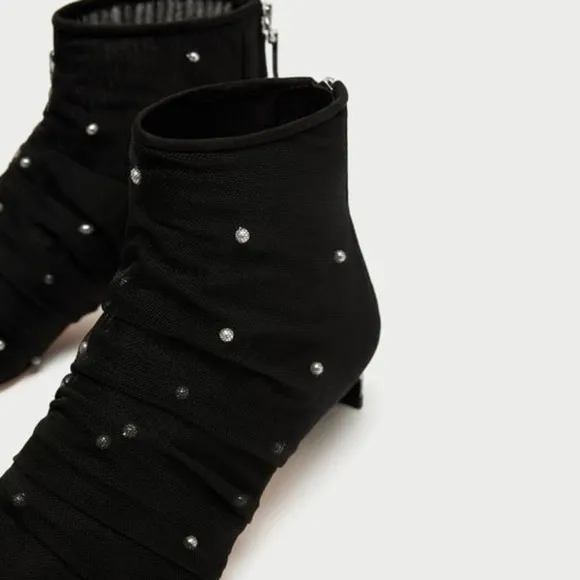 Zara Tulle Pearl Ankle Boot Kitten Heel 37 6.5