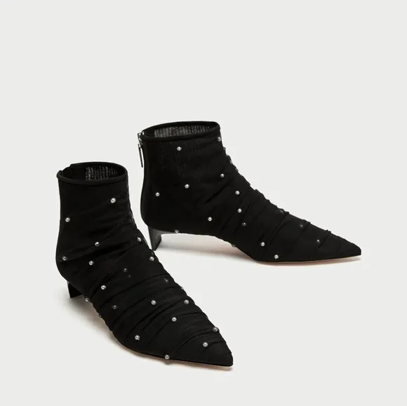 Zara Tulle Pearl Ankle Boot Kitten Heel 37 6.5