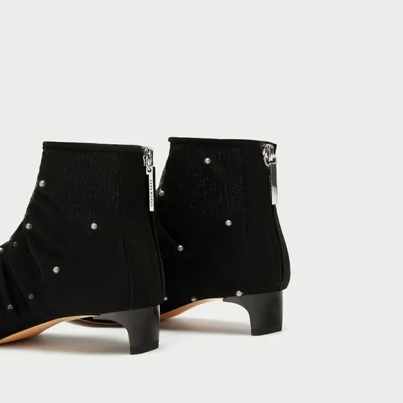 Zara Tulle Pearl Ankle Boot Kitten Heel 37 6.5