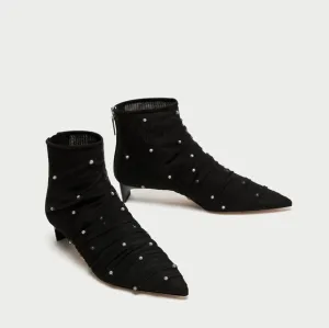Zara Tulle Pearl Ankle Boot Kitten Heel 37 6.5