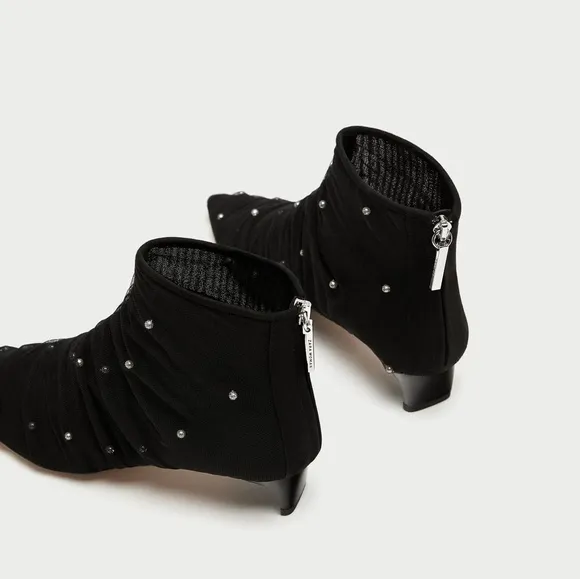 Zara Tulle Pearl Ankle Boot Kitten Heel 37 6.5