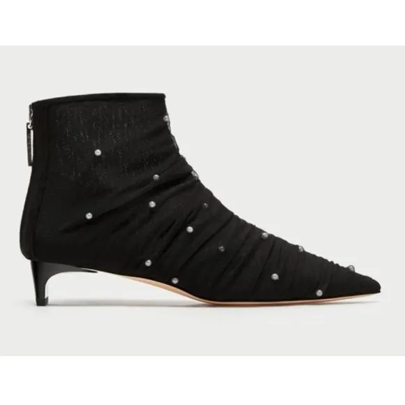Zara Tulle with Faux Pearls Heeled Ankle Boot