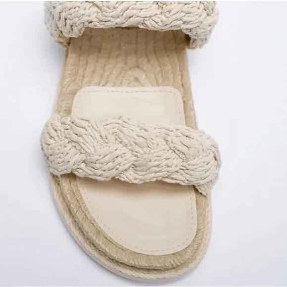 Zara Two Strap Rope Braided Slide Sandals in Cream-Size 7.5