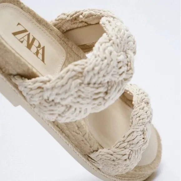 Zara Two Strap Rope Braided Slide Sandals in Cream-Size 7.5