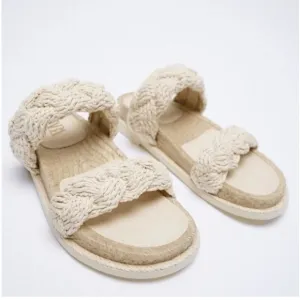 Zara Two Strap Rope Braided Slide Sandals in Cream-Size 7.5