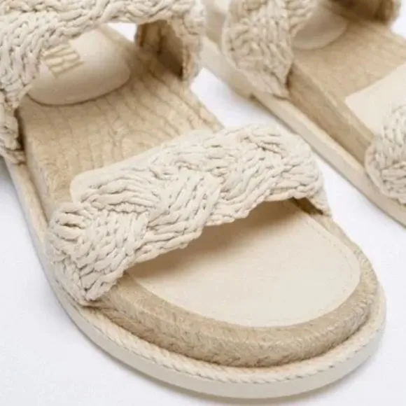 Zara Two Strap Rope Braided Slide Sandals in Cream-Size 7.5