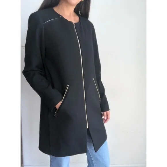 ZARA WOMAN Black Blogger Fave Round Neck Zip Front Long Line Coat, Size Small