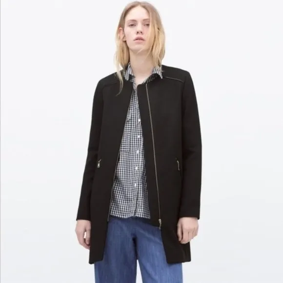 ZARA WOMAN Black Blogger Fave Round Neck Zip Front Long Line Coat, Size Small