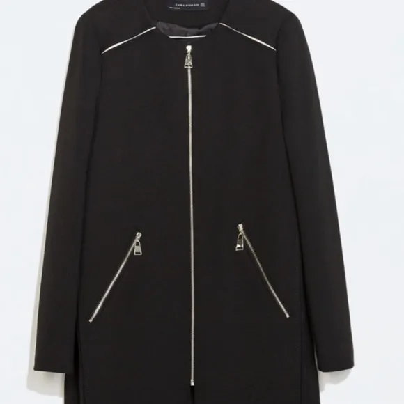 ZARA WOMAN Black Blogger Fave Round Neck Zip Front Long Line Coat, Size Small
