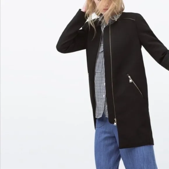ZARA WOMAN Black Blogger Fave Round Neck Zip Front Long Line Coat, Size Small