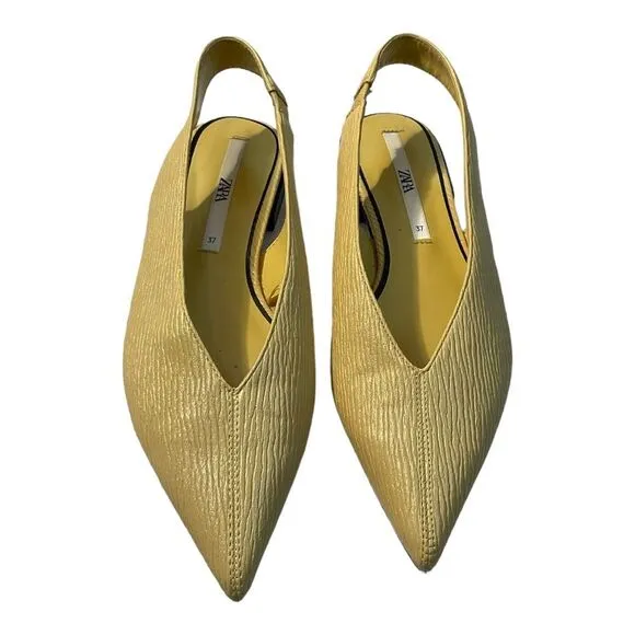Zara Women’s Size 7  Yellow Pointy Toe Slingback Kitten Heel Flat Sandals Shoes