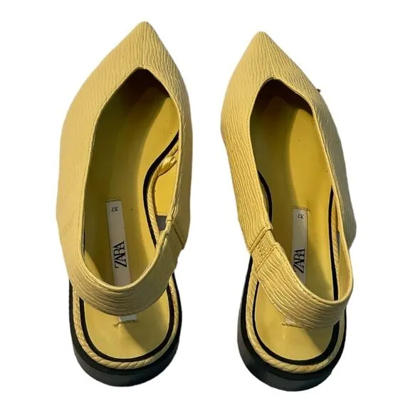 Zara Women’s Size 7  Yellow Pointy Toe Slingback Kitten Heel Flat Sandals Shoes